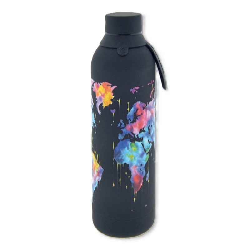 Borraccia termica nera decorata con mappamondo in acciaio inox doppia parete da 750 ml
